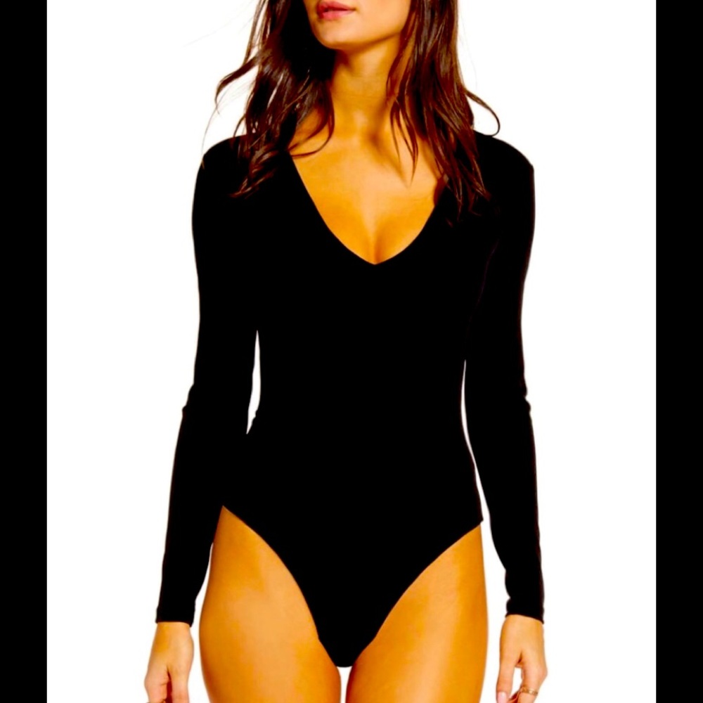 LEITH BLACK LONG SLEEVE BODYSUIT! V NECK Size XL